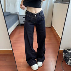 Women's Vintage Double Buckle Low Waist Flared Denim Jeans
