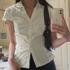 Solid Color Button Down Short Sleeve Blouse