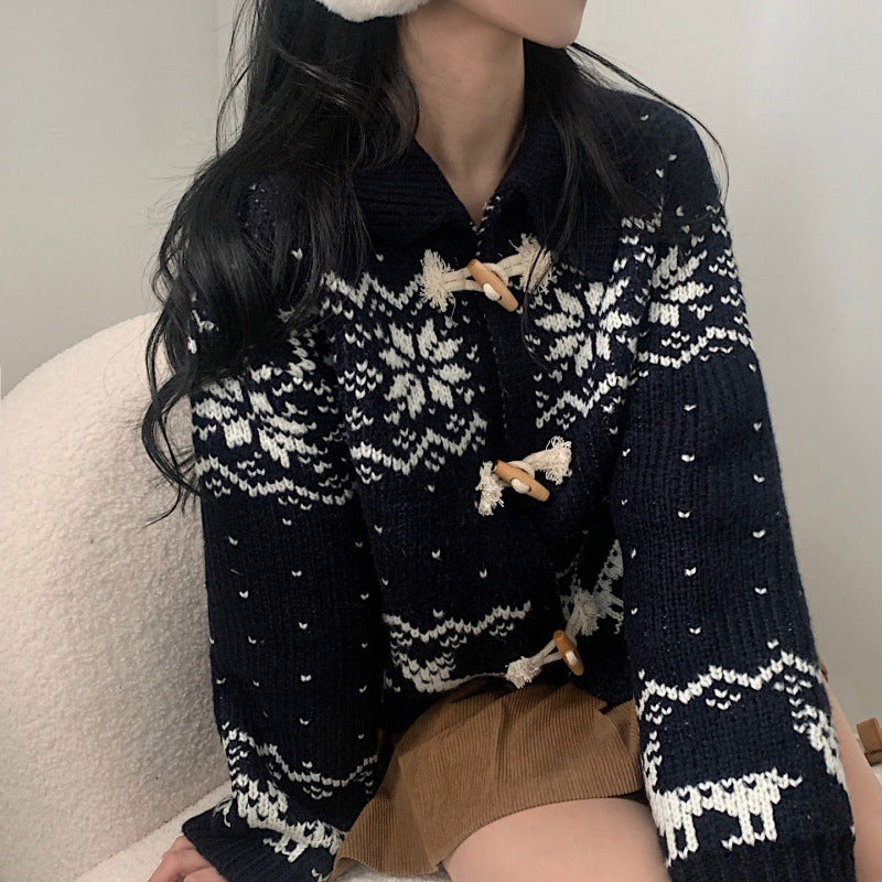 Aesthetic Snowflake Horn Button Knitted Cardigan - fairypeony