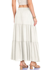 Womens Cotton Linen Elastic Waist Long Skirt