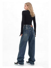 Vintage Washed Distressed Wide-Leg Jeans – High Waist Street Style Denim