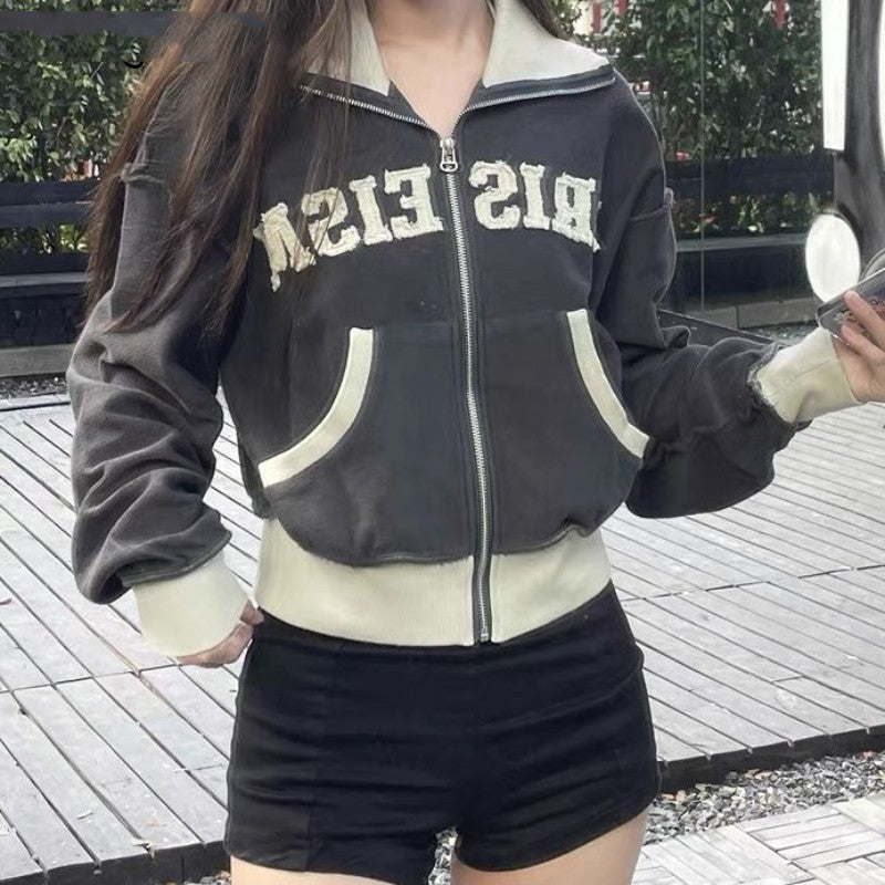 Patchwork Letters Zip Up Jacket - fairypeony
