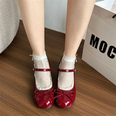 Aesthetic Red Mary Jane Lace Trim Shoes