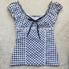 Plaid Lace Trim Bow Coquette Tee