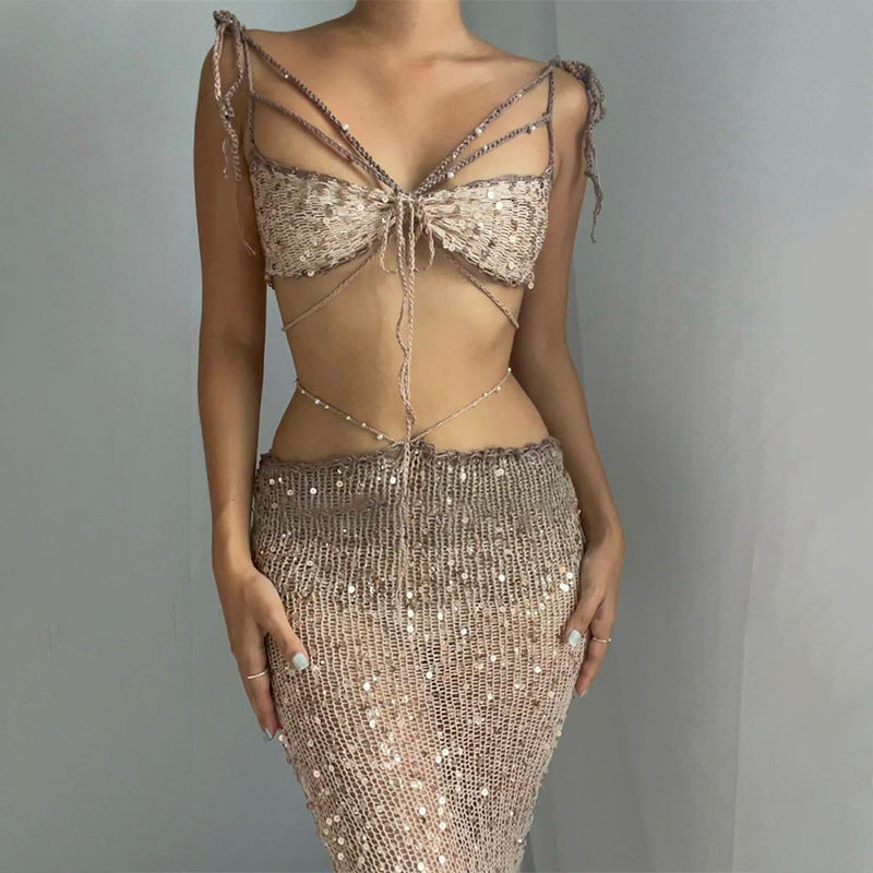 Sequin Strappy Knit Tank Top Tulle Skirt Suit - fairypeony