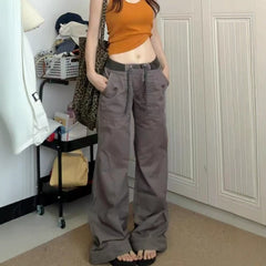 Belted Straight Wide-Leg Denim Pants – Slimming Low-Waist Street Style Jeans in Gray