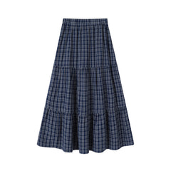Elastic waist patchwork plaid midi skirt for women - fairypeony