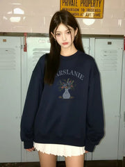 Pure cotton navy blue round-neck pullover for women