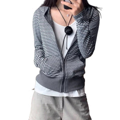 2000s Striped Zip-Up Hooded Jacket – Polka Dot Lined Hoodie in Dark Gray S–3XL