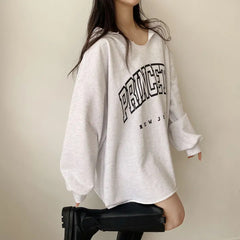 Letter Print Oversized Hooded Long Sleeve Tee - fairypeony