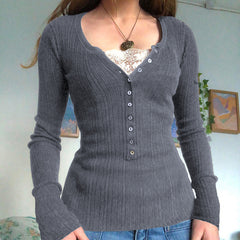 Lace Paneled Button Long Sleeve Knit Top - fairypeony