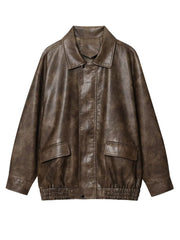 Basic PU Mid-Length Leather Jacket