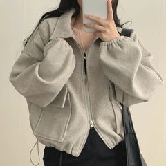 Solid Color Loose Double Pocket Wool Jacket - fairypeony