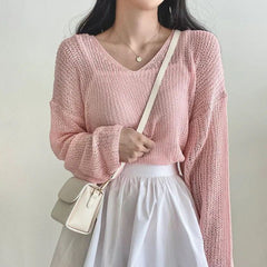 Solid Color Versatile Thin Sun Knitted Tee