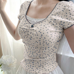 Aesthetic Lace Stitching Square Collar Short Sleeve Tee