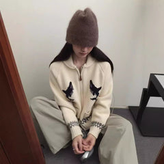 Korean Style Heavy Industry Cartoon Dolphin Lapel Zipper Knitted Cardigan
