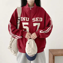 Vintage Number Print Oversized Zip Up Jacket