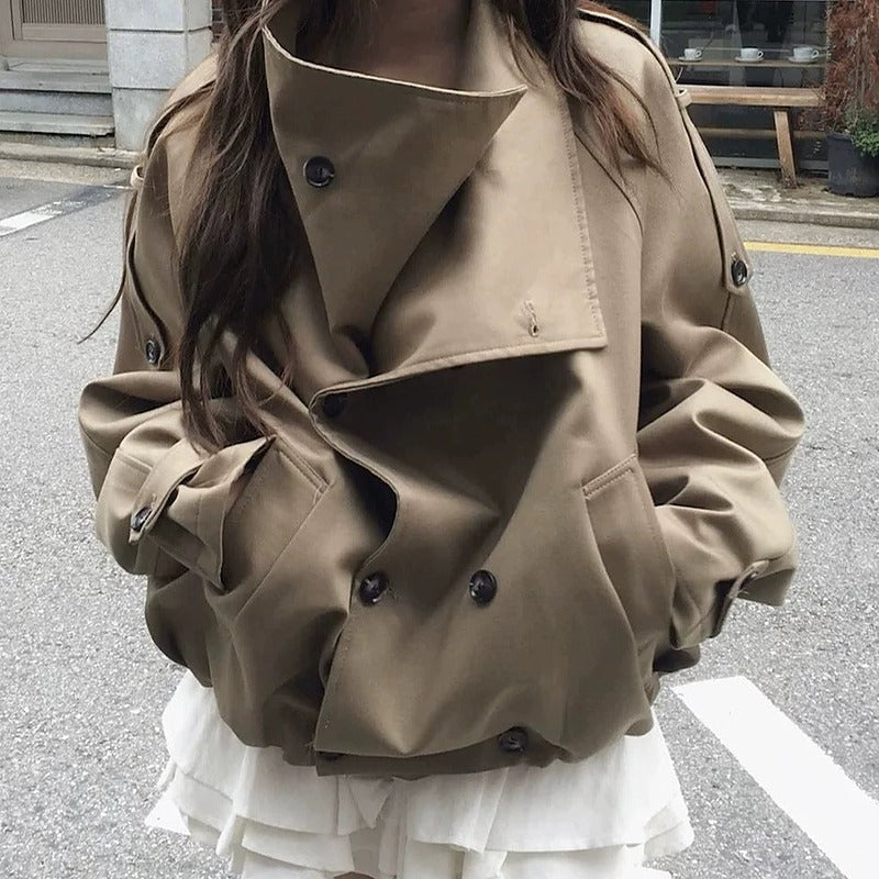 Stand collar double-button short coat in khaki, street style