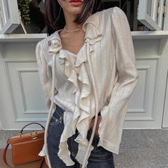 V-neck Blouse + Flare Jeans + Leather Shoulder Bag - fairypeony