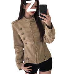 Suede Stand-Up Collar Short Jacket – Loose Fit Coat with Metal Buttons