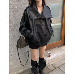 High-Neck Faux Leather Windbreaker Jacket – Loose Fit Trench-Style Coat