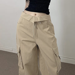 Fold Over Ruched Black Cargo Pants - fairypeony