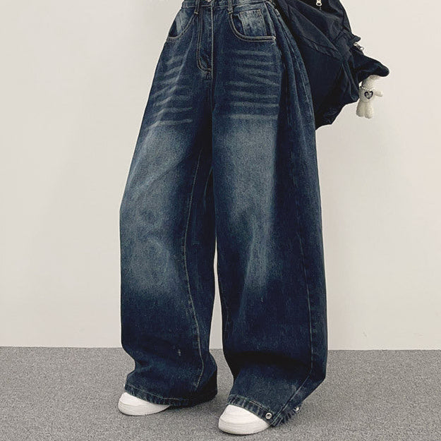 High waist wide-leg vintage washed jeans in dark blue, full length