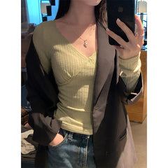 Lace Trim V Neck Slim Long Sleeve Knit Tee