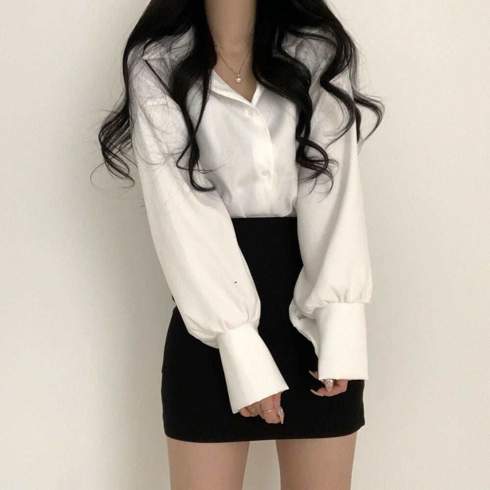 Solid Color Long sleeve Blouse - fairypeony