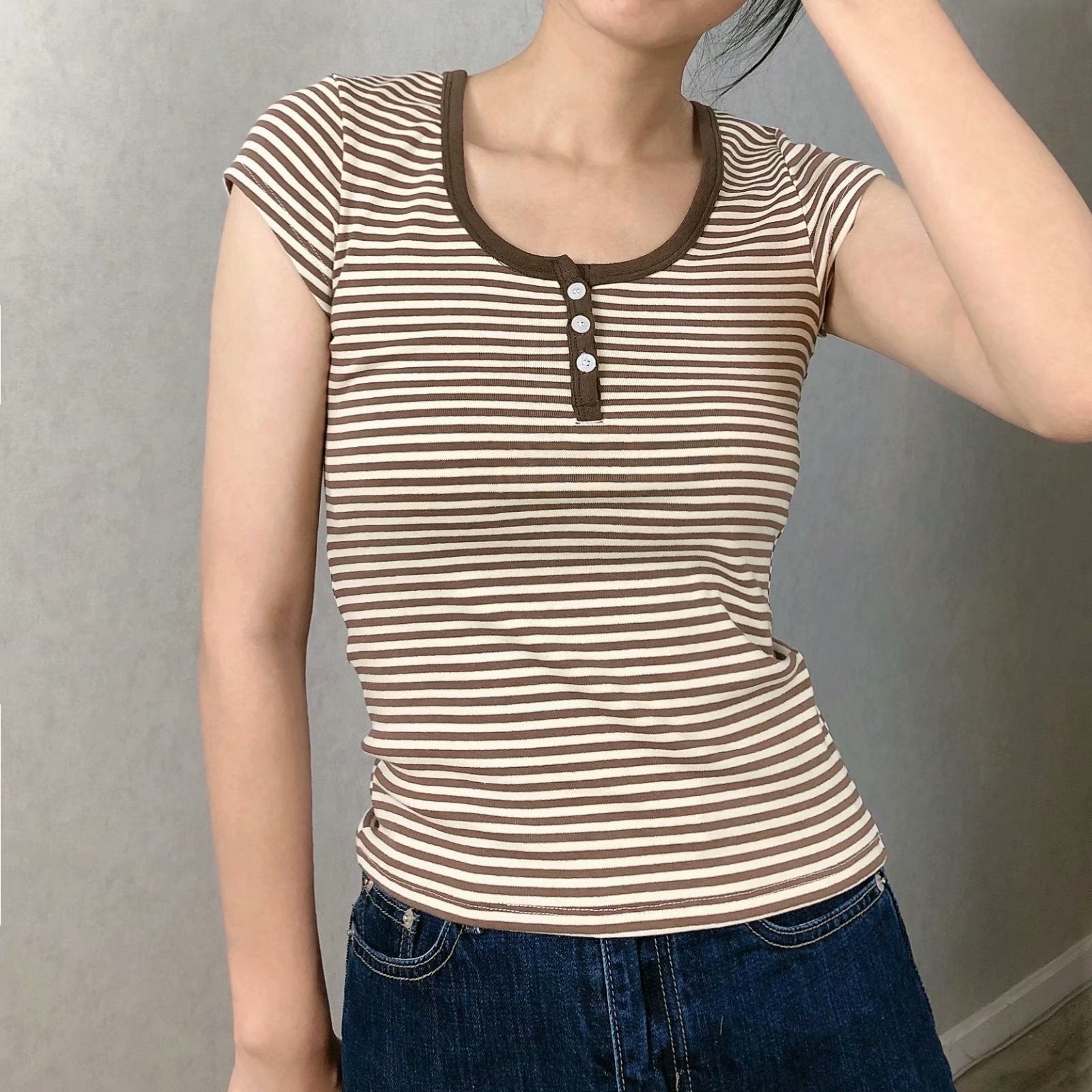 Vintage Striped Three button Slim T-shirt - fairypeony