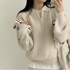 Solid Color Half Zipper Polo Collar Sweater