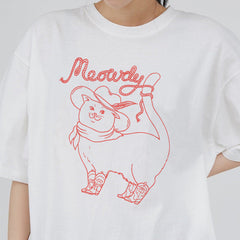 Cartoon Cowboy Cat Print Oversized T-shirt - fairypeony