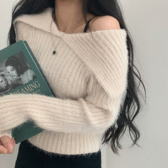 Solid Lapel Neck Fuzzy Sweater