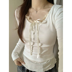 Ruffled Collar Bow Knot Long Sleeve Tee