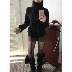 Slim Belt Double-Breasted Woolen Jacket – Belted Winter Coat