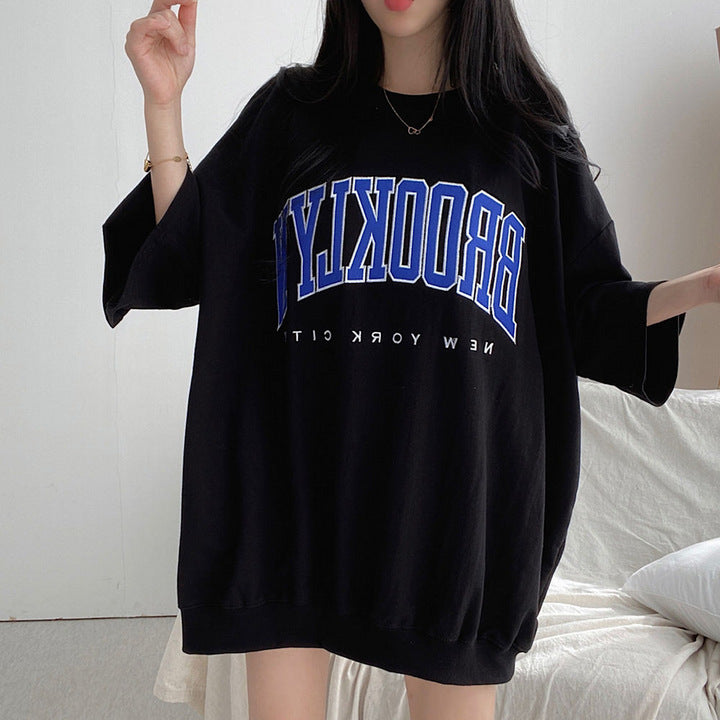Embroidery Letter Oversized Half Sleeve Tee - fairypeony