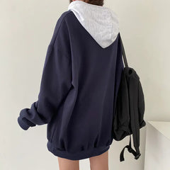 Vintage Letter Print Zipper Oversized Hoodie