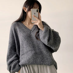 V-Neck Solid Color Oversized Loose Sweater
