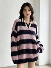 Color-Blocked Striped Off-Shoulder Polo Neck Knitted Pullover Sweater