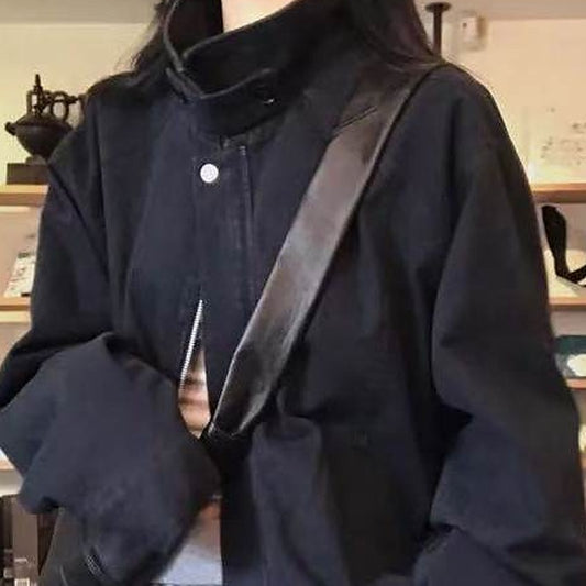 Korean style stand collar zip jacket in navy blue, front view
