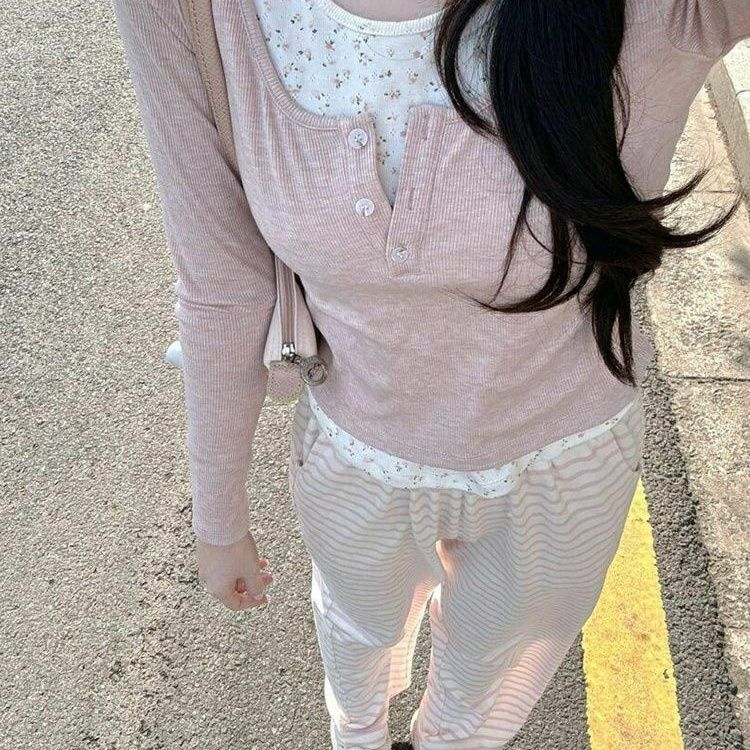 Floral patchwork faux two-piece long-sleeved T-shirt - fairypeony