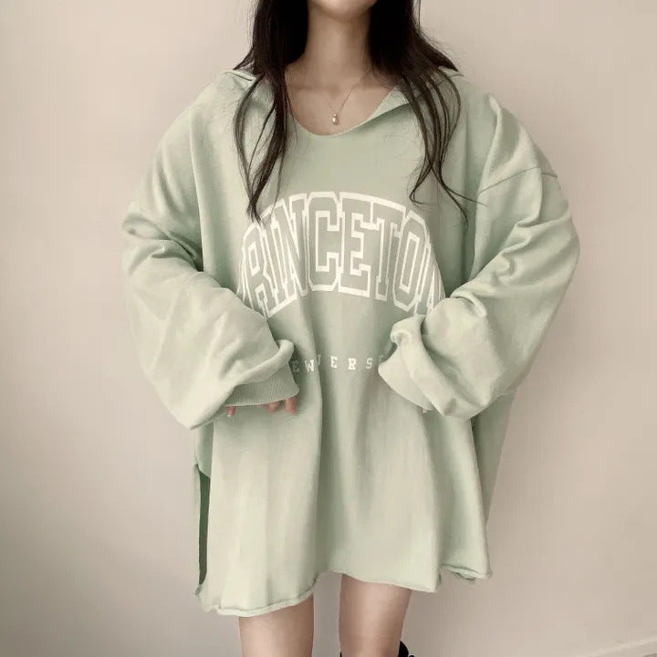 Letter Print Oversized Hooded Long Sleeve Tee - fairypeony
