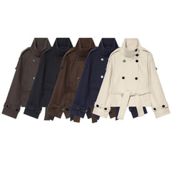 Double-Breasted Solid Color Long Sleeve Coat – Stand Collar Smart Casual Outerwear