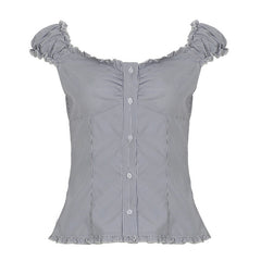 Retro Plaid Off-Shoulder Blouse - fairypeony