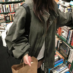 Vintage Stand Collar Long Sleeve Zipper Jacket