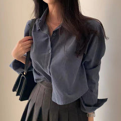 Dark Academia Solid Color Crop Long Sleeve Blouse