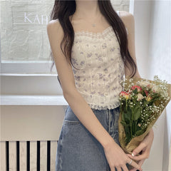 Aesthetic Lace Trim Floral Cami Top