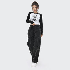 Contrast Stitch Baggy Cargo Pants - fairypeony