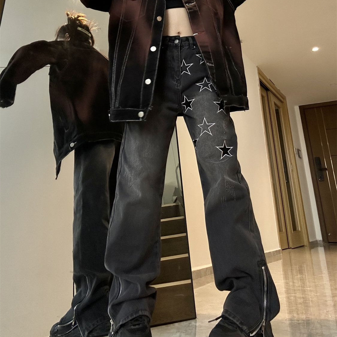 Vintage Hip Hop Star Embroidered Boyfriend Jeans - fairypeony