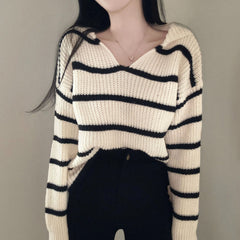 Vintage Striped V-Neck Oversized Sweater